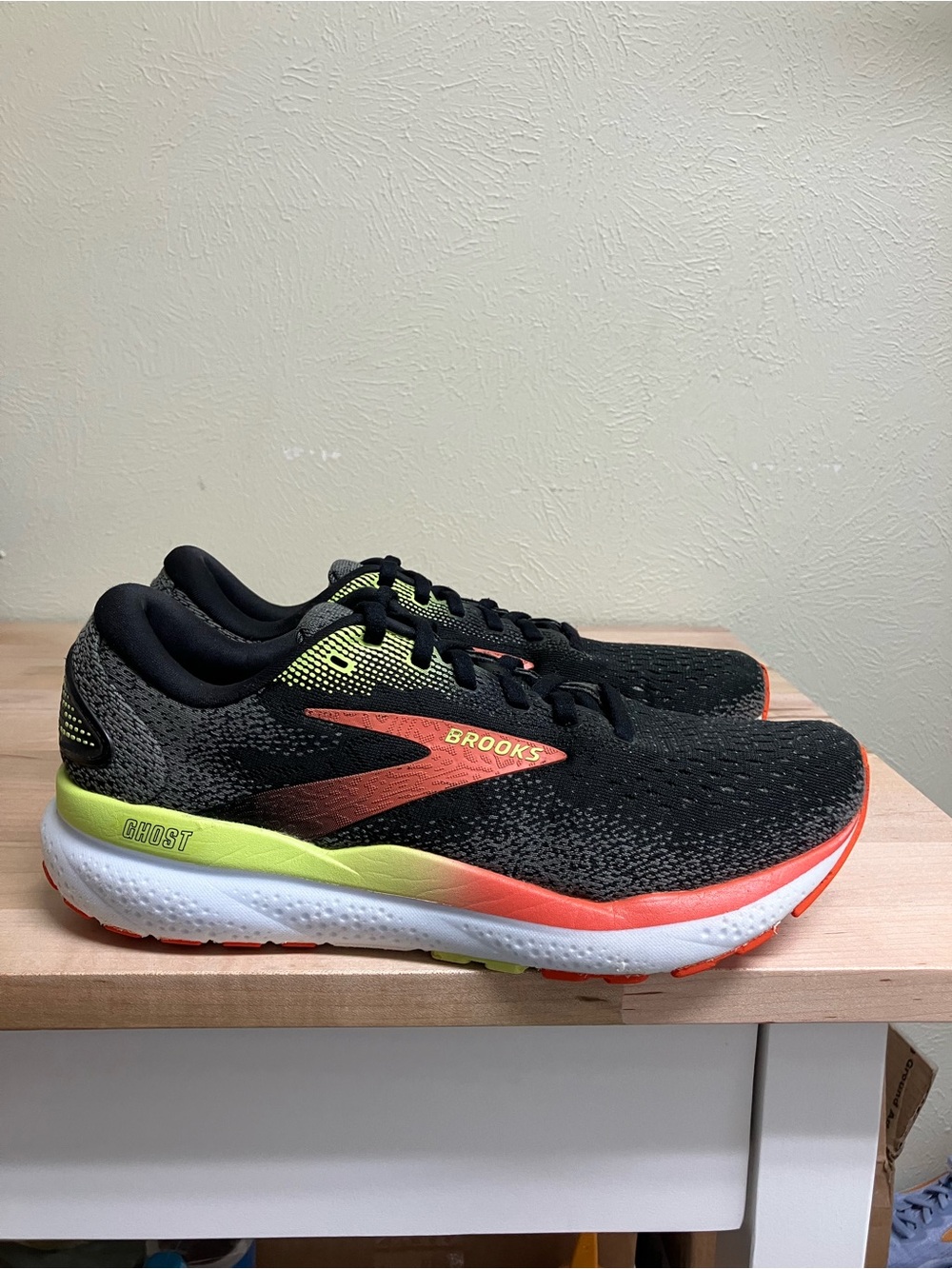 Brooks Women’s Ghost Sneakers - Black with Neon Yellow & Coral Accents